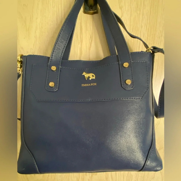 Emma Fox GIDRAN Navy Deep Blue Leather Tote w/ crossbody strap Houndstooth Liner - Picture 4 of 16